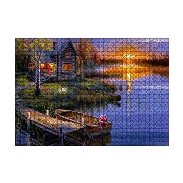 Cakapuzzle Günbatımında Göl Ağaç Ev ve Kayıklar 120 Parça Ahşap Puzzle