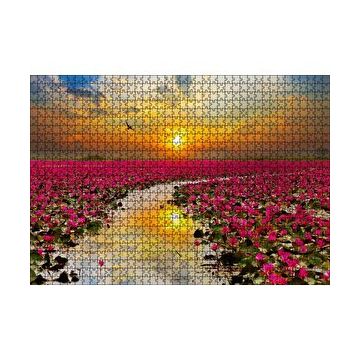 Cakapuzzle Günbatımında Gölde Pembe Çiçekler 120 Parça Ahşap Puzzle