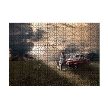 Cakapuzzle Günbatımında Kız Araba Kuzu ve Bulutlu Gökler 120 Parça Ahşap Puzzle