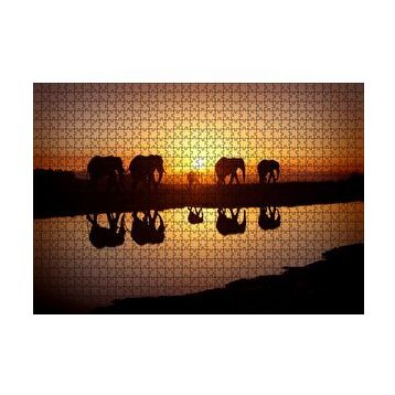 Cakapuzzle Günbatımında Nehir Kenarındaki Fil Ailesi 120 Parça Ahşap Puzzle
