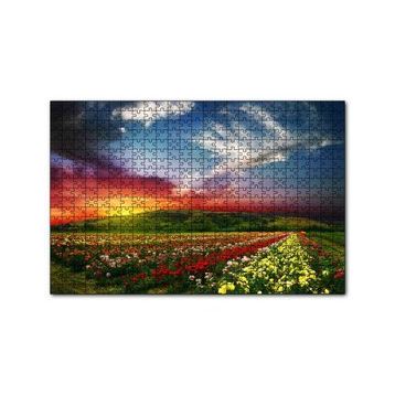 Cakapuzzle Günbatımında Tepeler ve Rengarenk Çiçekler 120 Parça Ahşap Puzzle