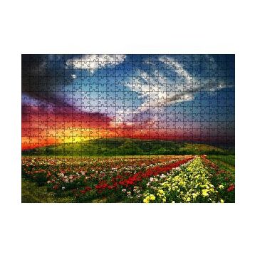 Cakapuzzle Günbatımında Tepeler ve Rengarenk Çiçekler 120 Parça Ahşap Puzzle