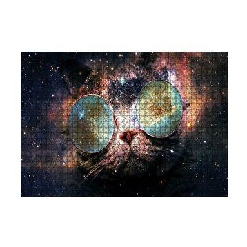 Cakapuzzle Güneş Gözlüklü Kedi ve Galaksiler 120 Parça Ahşap Puzzle