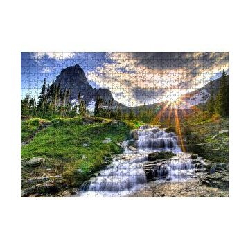Cakapuzzle Güneş Işınları Karlı Dağ Irmak Orman Görseli Yapboz MDF Puzzle