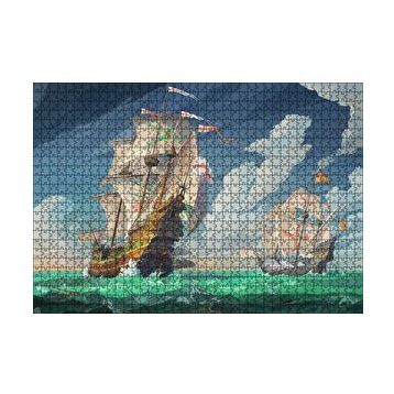 Cakapuzzle Haçlı Gemileri Dalgalı Deniz ve Bulutlu Gökler 120 Parça Ahşap Puzzle