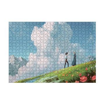 Cakapuzzle Howls Moving Castle Aşıklar Çiçekler Bulut Görseli 120 Parça Ahşap Puzzle
