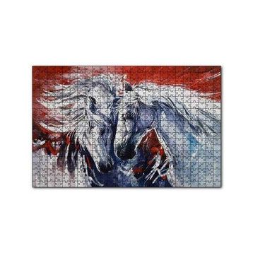 Cakapuzzle İki Beyaz Kısrak Kırmızı Arkaplan 120 Parça Ahşap Puzzle