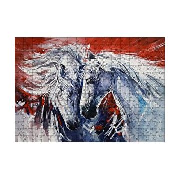 Cakapuzzle İki Beyaz Kısrak Kırmızı Arkaplan 120 Parça Ahşap Puzzle