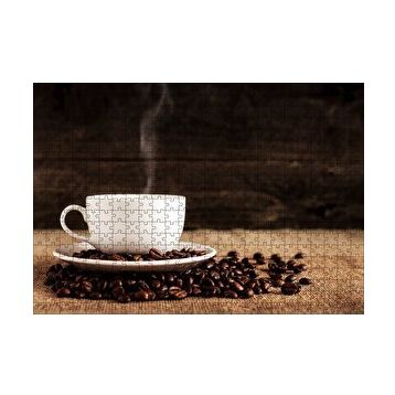 Cakapuzzle Kahve Çekirdekleri ve Dumanı Üstünde Fincan Kahve 120 Parça Ahşap Puzzle