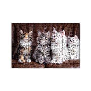 Cakapuzzle Kahverengi Deri Koltukta Sevimli 4 Kedi 120 Parça Ahşap Puzzle