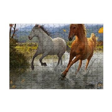 Cakapuzzle Kahverengi ve Beyaz Koşan Atlar Çizim 120 Parça Puzzle