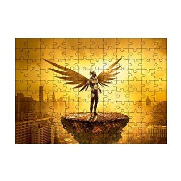 Cakapuzzle Kanatlı Şövalye Gökdelenler ve Altın Rengi Gökyüzü 120 Parça Ahşap Puzzle