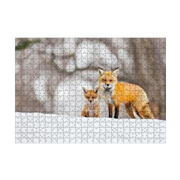 Cakapuzzle Karlar Üzerinde Kutup Tilkisi ve Yavrusu 120 Parça Ahşap Puzzle