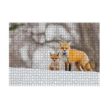 Cakapuzzle Karlar Üzerinde Kutup Tilkisi ve Yavrusu 120 Parça Ahşap Puzzle
