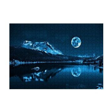 Cakapuzzle Karlı Dağ Orman Göl ve Süper Ay 120 Parça Ahşap Puzzle