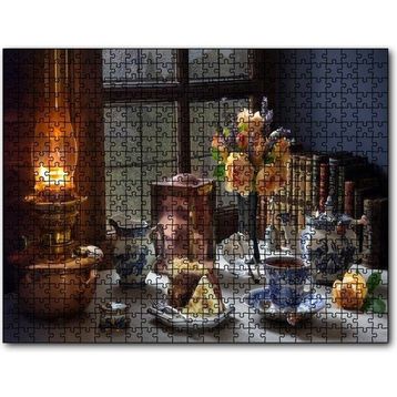 Cakapuzzle Kek ve Çay Ambiyans Pencerede Yağmur Görseli 255 Parça Puzzle
