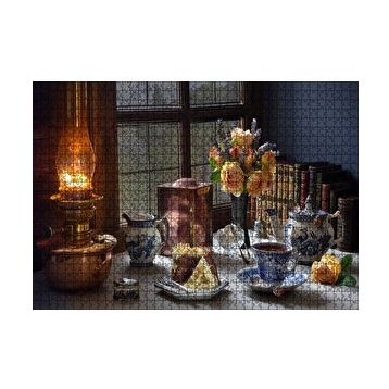 Cakapuzzle Kek ve Çay Ambiyans Pencerede Yağmur Görseli 255 Parça Puzzle