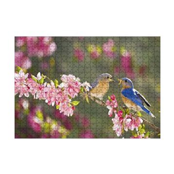 Cakapuzzle Kiraz Çiçekli Dalda Dişisini Besleyen Sevimli Kuş 120 Parça Ahşap Puzzle