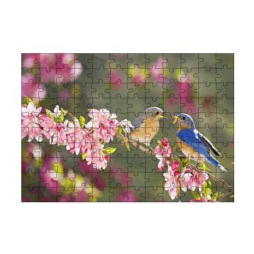 Cakapuzzle Kiraz Çiçekli Dalda Dişisini Besleyen Sevimli Kuş 120 Parça Ahşap Puzzle