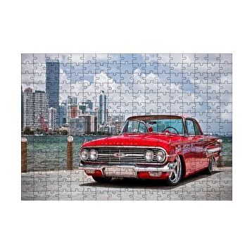 Cakapuzzle Kırmızı Chevrolet Impala ve Gökdelenler Yapboz MDF Puzzle