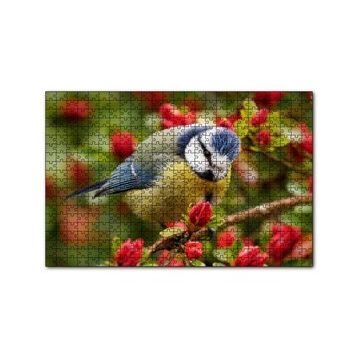 Cakapuzzle Kırmızı Çiçekli Ağaçta Mavi Sarı Kuş 120 Parça Ahşap Puzzle