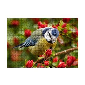 Cakapuzzle Kırmızı Çiçekli Ağaçta Mavi Sarı Kuş 120 Parça Ahşap Puzzle