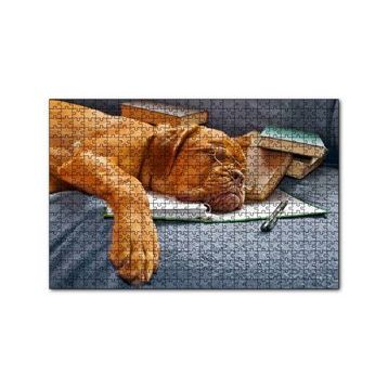 Cakapuzzle Kitap Defter Kalem ve Gözlüklü Kahverengi Buldog 120 Parça Ahşap Puzzle