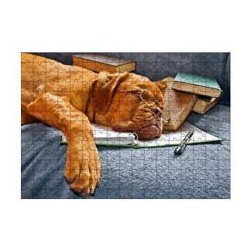 Cakapuzzle Kitap Defter Kalem ve Gözlüklü Kahverengi Buldog 120 Parça Ahşap Puzzle