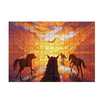Cakapuzzle Kızıl Bulutlu Gökler Sudaki Aksi ve Koşan Atlar 120 Parça Ahşap Puzzle