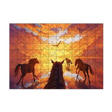 Cakapuzzle Kızıl Bulutlu Gökler Sudaki Aksi ve Koşan Atlar 120 Parça Ahşap Puzzle