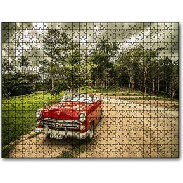 Cakapuzzle Kübada Kırmızı Cabrio Araba ve Ağaçlar 120 Parça Ahşap Puzzle
