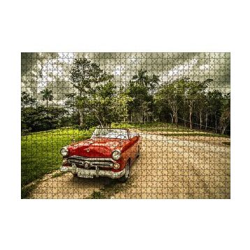 Cakapuzzle Kübada Kırmızı Cabrio Araba ve Ağaçlar 120 Parça Ahşap Puzzle
