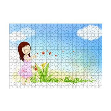 Cakapuzzle Küçük Kız Çiçekler ve Bulutlar 120 Parça Ahşap Puzzle