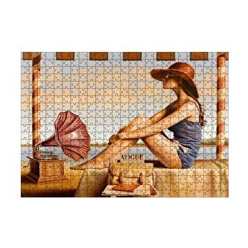 Cakapuzzle Lacivert Mayolu Kadın ve Gramofon 120 Parça Ahşap Puzzle