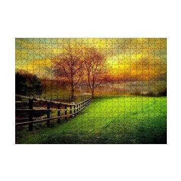 Cakapuzzle Manzara Çitler Ağaçlar Bulutlu Sarı Gökyüzü 120 Parça Ahşap Puzzle