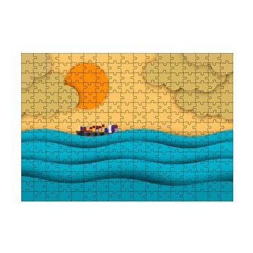 Cakapuzzle Mavi Dalgalar Yük Gemisi Güneş ve Bulutlar 120 Parça Ahşap Puzzle