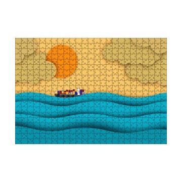 Cakapuzzle Mavi Dalgalar Yük Gemisi Güneş ve Bulutlar 120 Parça Ahşap Puzzle
