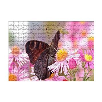 Cakapuzzle Mor Çiçeklerin Üzerindeki Kahverengi Kelebek 120 Parça Ahşap Puzzle