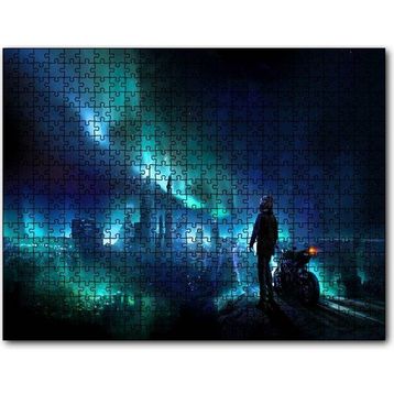 Cakapuzzle Motorcunun Gece Şehir ve Gökyüzü Işıkları Manzarası 255 Parça Puzzle