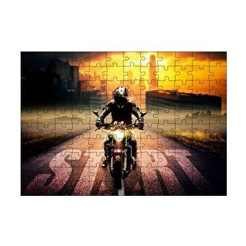 Cakapuzzle Motorsikletli Adam Günbatımı ve Gökdelenler 120 Parça Ahşap Puzzle