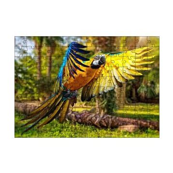 Cakapuzzle Papağan Mavi Turuncu Sarı Ormanda Uçuyor 120 Parça Ahşap Puzzle