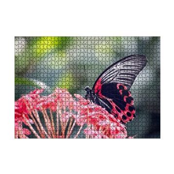 Cakapuzzle Pembe Çiçekler ve Siyah Kırmızı Kelebek 120 Parça Ahşap Puzzle
