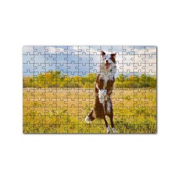 Cakapuzzle Sarı Çayırda Zıplayan Kahverengi Beyaz Köpek Yapboz MDF Puzzle