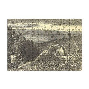Cakapuzzle Şato Tepeler Yeldeğirmeni ve Uzanan Adam 120 Parça Ahşap Puzzle