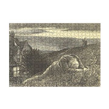 Cakapuzzle Şato Tepeler Yeldeğirmeni ve Uzanan Adam 120 Parça Ahşap Puzzle