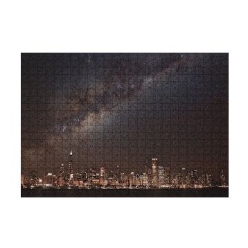 Cakapuzzle Şehrin Gece Manzarası ve Gökyüzünde Samanyolu 120 Parça Ahşap Puzzle
