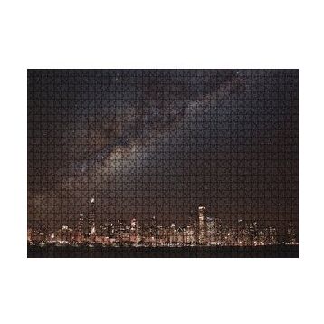 Cakapuzzle Şehrin Gece Manzarası ve Gökyüzünde Samanyolu 120 Parça Ahşap Puzzle