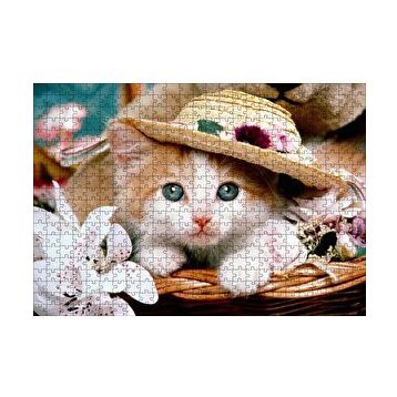 Cakapuzzle Sepette Şapkalı Yavru Kedi ve Çiçekler 120 Parça Ahşap Puzzle