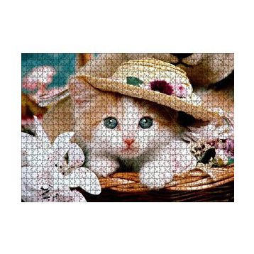 Cakapuzzle Sepette Şapkalı Yavru Kedi ve Çiçekler 120 Parça Ahşap Puzzle