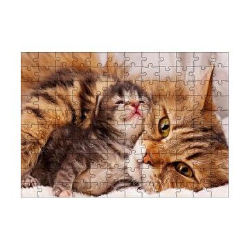 Cakapuzzle Sevimli Tekir ve Minicik Yavrusu Yakın Çekim 120 Parça Ahşap Puzzle